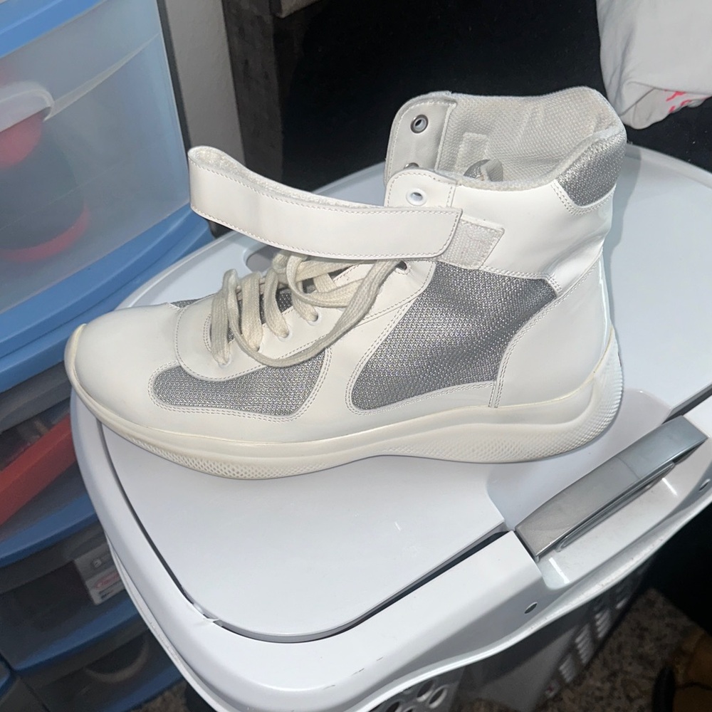 Prada White and Gray High-Top Sneakers